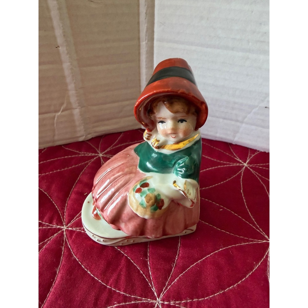 Vintage Made in Occupied Japan‎ Ceramic Girl Figurine Red Bonnet Gold Accents